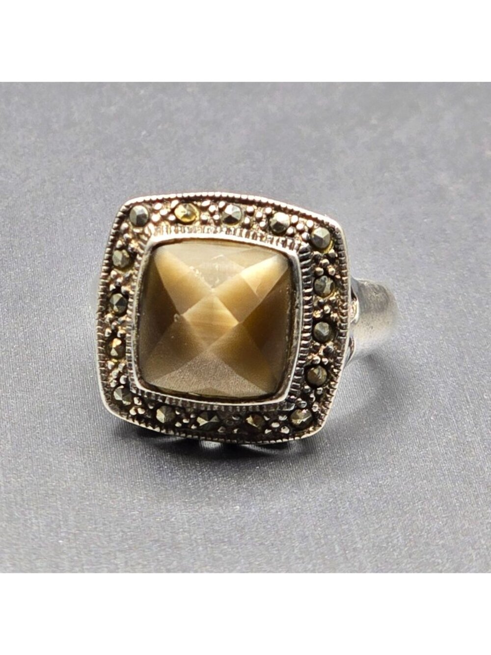Vintage Sterling Silver Smokey Quartz Marcasite Ring Size 7 Art Deco Dome Cutout